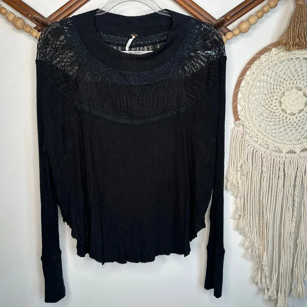 Free People Black Spring Valley Long Sleeve Top